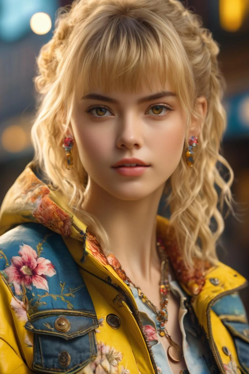 (masterpiece, best quality, ultra realistic,32k,RAW photo, detail skin, 8k uhd, dslr, high quality, film grain:1.5), 1girl, cute, bangs, blonde hair, cowboy shot, earrings, floral print, jacket, jewelry, looking at viewer, necklace, shirt, long hair, shorts, solo, yellow jacket, yellow shirt, detail eyes, fantasy model, realistic, sharp details, intricate details ,digitally enhanced,3d reference , 8k resolution, unapologetic grit, overexposure, sharp focus