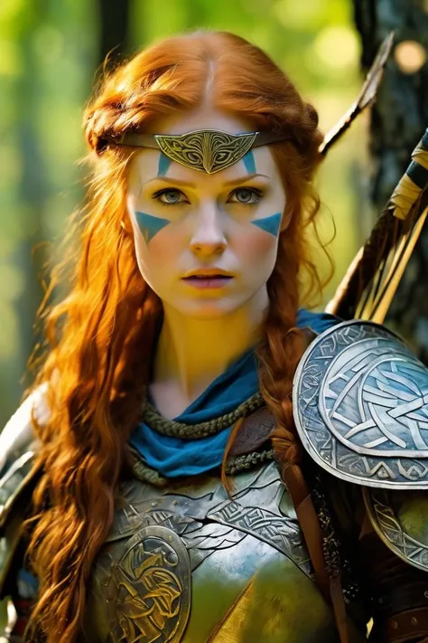 (masterpiece, best quality, ultra realistic,32k,RAW photo, detail skin, 8k uhd, dslr, high quality, film grain:1.5), rule of thirds, An extremely Beautiful Woman, pale skin, ginger-hair, Celtic Warrior, Blue weathered War face-paint Birch forest, gritty sharp focus, intricate, digital painting, highly detailed, high detailed face, soft lighting, vibrant colors