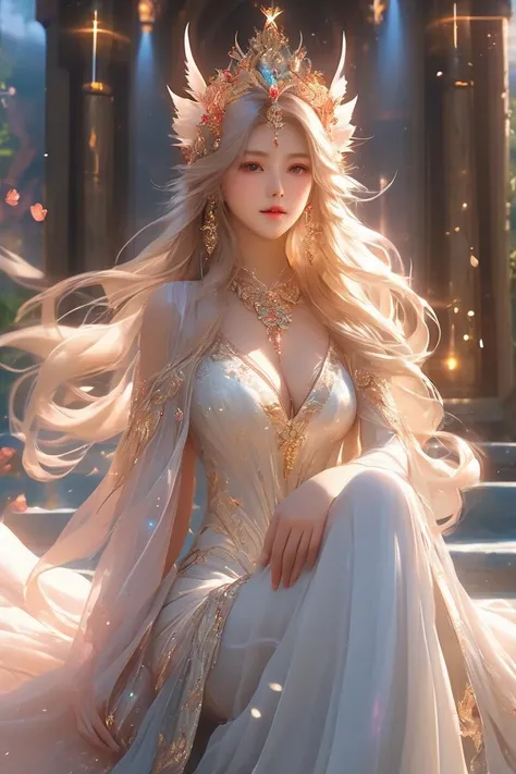 (masterpiece, best quality, ultra realistic,32k,RAW photo, detail skin, 8k uhd, dslr, high quality, film grain:1.5), dreamlike, ultra-realistic mix fantasy world mixes realistic and fantastical elements,magic effect,lofi style,close up, white nine-tailed demon fox, auspicious,(((god's sword),beautiful detailed face, beautiful detailed eyes,female solo, prefect body, prefect face, upper body shot, (long flowing hair), (perfect large breasts), (stochastic angle, stochastic pose,stochastic action), cleavag, exposed,large breasts,full body,((see-through bellyband)),tall breasts, flowy see-through costumes, flowy headpieces, flowy see-through gowns,luxury, jewelry, ornate, necklace, bracelet, hairpin,embroidery, reflection,ray tracing,aura,throne,charming, alluring, seductive, erotic, enchanting,