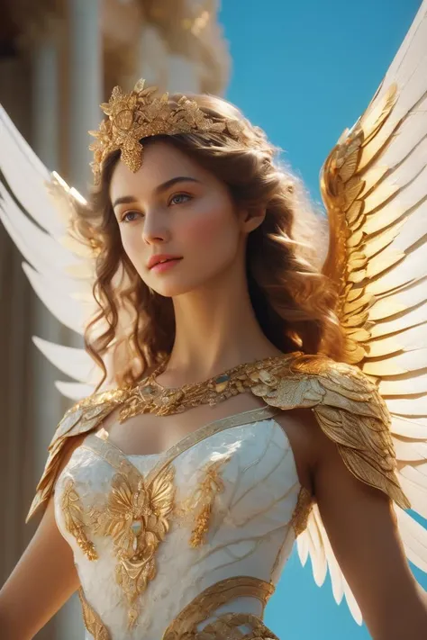 (masterpiece, best quality, ultra realistic, 32k, RAW photo, detail skin, 8k uhd, dslr, high quality, film grain:1.5), render a girl, goddess, corkscrew, jewelry, dress white, wings white ,shoulder wing ,fantasy, perfect face, perfect eyes ,beautiful body, slim waist, abdominal muscles, full body, sky background, colorful, color mixing, cinematic lighting