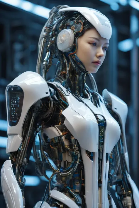 (masterpiece, best quality, ultra realistic, 32k, RAW photo, detail skin, 8k uhd, dslr, high quality, film grain:1.5),
render of a beautiful porcelain profile woman android face, cyborg, robotic parts, 150 mm, beautiful studio soft light, rim light, vibrant details, luxurious cyberpunk, lace, anatomical, facial muscles, cable electric wires, microchip, elegant, laboratory background, octane render, H. R. Giger style, full body,