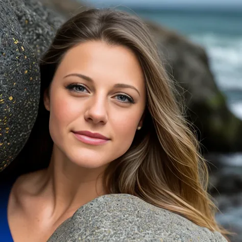 extreme closeup professional headshot photograph of MarileeSD15 sitting on a boulder at an oregon beach, macro closeup, extremely detailed natural skin texture, 24mm, 4k textures, adobe lightroom, photolab, elegant, highly detailed, sharp focus, natural cloudy day lighting, insane details, intricate details, hyperdetailed, exposure blend, three quarters head shoulders portrait, skin pores, textured skin, rocky beach and partially cloudy sky in the background, background slightly out of focus, straight on shot, looking straight at viewer, facing straight at camera, eye contact, neutral expression, face in partial shadow