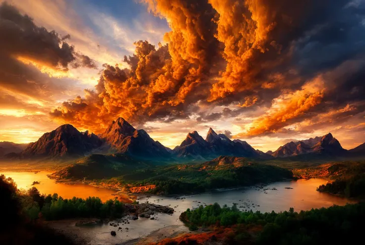 <lora:PAseerCloudV1:0.85>, best quality, 4k, UHD, absurdres, photograph of green and orange clouds, sunset, highly detailed, mountains, ornate, vivid, masterpiece, award wining picture, realistic, clouds, (greenr:1.2), (orange:1.2), dslr, hyperrealistic