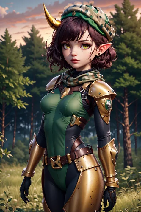 1girl, ((Two, micro-horns)), cowboy shot, pointy ears, grey Kevlar skin suit, black arm, leg, hip and shoulder armor, (breastplate), (((green beret))), (red shimmering hair), 16K, RAW, best quality, masterpiece, ultra high res, colorful, (medium wide shot), (dynamic perspective), sharp focus, (shallow depth of field), extremely detailed eyes and face, beautiful detailed eyes, (((dark amber eyes))), colored eyelashes, small breasts, burnished silver, trimmed gear, In a forested plain at sunset, beautiful shading, ((masterpiece, best quality))<lora:epi_noiseoffset2:.70> <lora:[LoRa] Clearlight:.65> <lora:add_detail:.4> <lora:eyelashes_slider_v3:-1.25> <lora:eyeliner_v1:.5> <lora:tangbohu_smallhead:1.50>