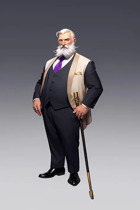 European and American cartoons, game characters, original designs, 1boy, male focus, old, facial hair, ring, jewelry, old man, necktie, cane, formal, mustache, gradient background, wrinkled skin, gradient, full body, suit, white hair, vest, beard, standing, manly, mature male, pants, purple necktie, shoes, short hair, black footwear <lora:GoodHands-beta2:1>, <lora:ouka:0.6>