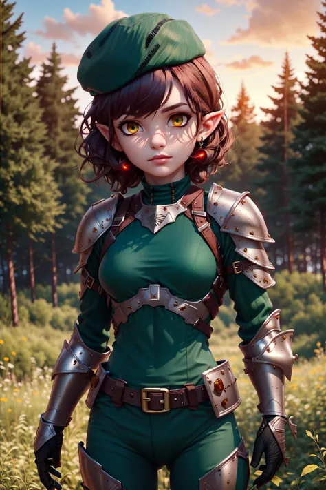 1girl, ((Two, micro-horns)), cowboy shot, pointy ears, grey Kevlar skin suit, black arm, leg, hip and shoulder armor, ((armored breastplate)), (((green beret))), (red shimmering hair), 16K, RAW, best quality, masterpiece, ultra high res, colorful, (medium wide shot), (dynamic perspective), sharp focus, (shallow depth of field), extremely detailed eyes and face, beautiful detailed eyes, (((dark amber eyes))), colored eyebrows, small breasts, burnished silver, trimmed gear, In a forested plain at sunset, beautiful shading, ((masterpiece, best quality))