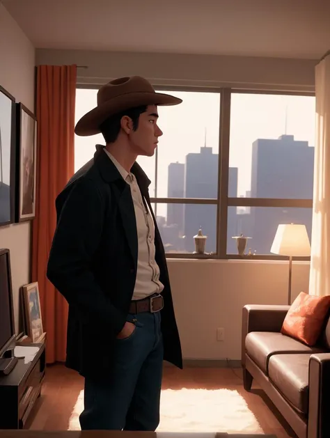 cinematic, aesthetic, (masterpiece:1), A Cowboy Shot in a penthouse apartment