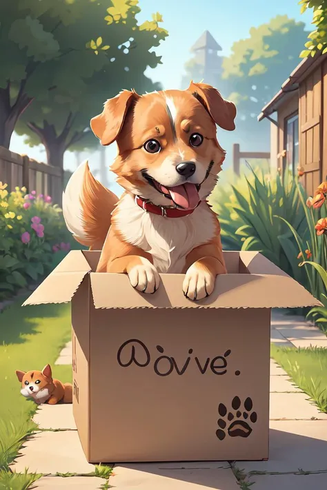 super cute,(no humans,:1.2),(best quality, masterpiece), (lovely dog:1.4), tongue out,Getting out of the box, (cardboard box:1.0), solo, animal focus, :3, facing viewer,outdoors,day,garden background, game scene mood map,Unreal Engine, cartoon rendering