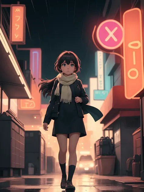 cinematic, aesthetic, (masterpiece:1), A dynamic Medium Long Shot of 1girl that weares Thermal-regulating Scarf and look at the camera, that work as Corporate Asset Extractor, in the backgound a Rain-soaked neon-lit streets