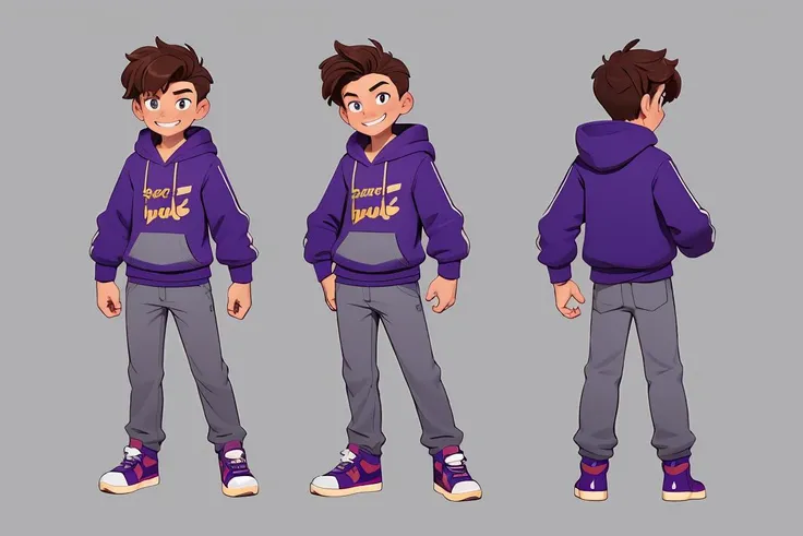Rear view, front view, multi-view, concept art,<lora:Two views:0.4>,European and American cartoons, original character design, hand-drawn drafts, 1boy, solo, grey_pants, male_focus, hood, hoodie, smile, shoes, pants, brown_hair, full_body, thumbs_up, sneakers, blue_hoodie, purple_footwear, standing, hood_down, short_hair, clenched_hand, long_sleeves, grin <lora:Animated characters:0.4>,<lora:GoodHands-vanilla:1>,