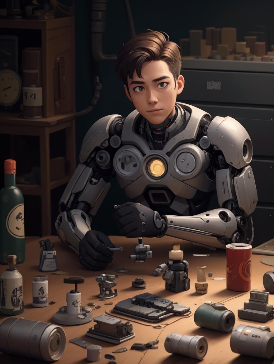 A close up of a person sitting at a table with a robot - SeaArt AI