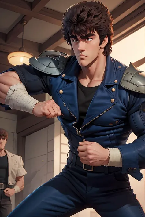 kenshirou,black hair,blue jacket,fighting_stance, <lora:0009Hkenshirou:0.8>,
