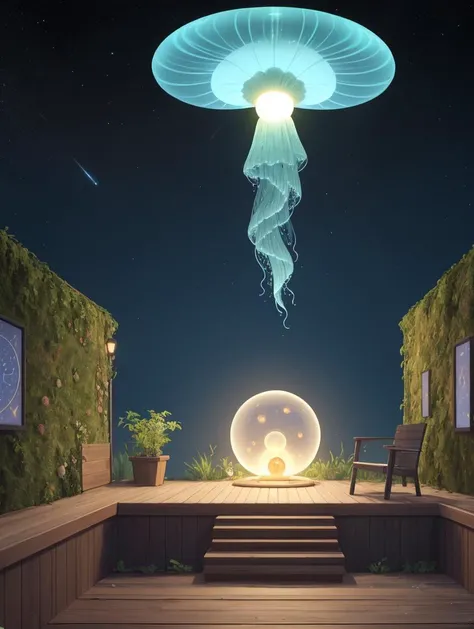 cinematic, aesthetic, (masterpiece:1), Wide Shot of a Extraterrestrial Time Traveler's Rest Stop, Bioregenerative Living Walls,Travertine stone, Bioluminescent Jellyfish, Deck and Step Lights, Celestial Map around it, a White Dwarf in the background