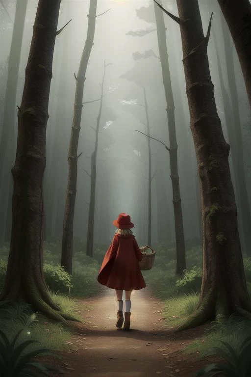 1girl, walking alone through a dark forest, gloomy lighting, red cape, red hat, basket in hand, forest, walking away, back turned
