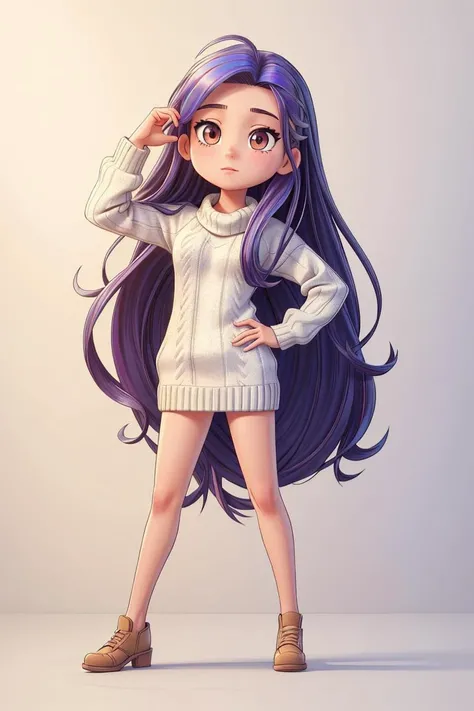 best quality, masterpiece, award winning drawing, wide shot ((full body shot)), sketch-like, outline, defined pupils, graphite drawing style, pretty woman with long peaked straight hair, defined medium nose, posing with right hand on her head, left hand not behind back, wearing a sweater, <lora:add_detail:0.6>, colorful, sharpness focus, rainbow hair