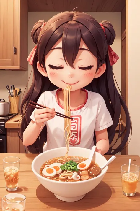 (masterpiece, best quality), 1girl, solo, cute face, kawaii, ramen, chopsticks, drinking glass, eating, heart, happy, closed eyes, closed mouth, <lora:ramen_v1.4:1>, kitchen,