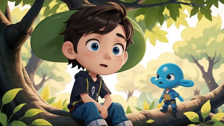 a boy is talking to an alien in a tree, masterpiece,