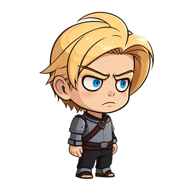 oumeiQ, white background, solo, blonde hair, chibi, blue eyes, armor, frown, 1boy, full body, male focus <lora:game icon institute_oumeiQ_v2:0.8>