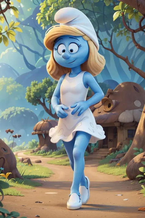 ((masterpiece, best quality)),(complex light), solo,1girl,full body , blonde hair, Smurfette, colored skin, blue skin,<lora:smurfette1:0.8>, hat, white dress, walking, forest <lora:more_details:0.3>