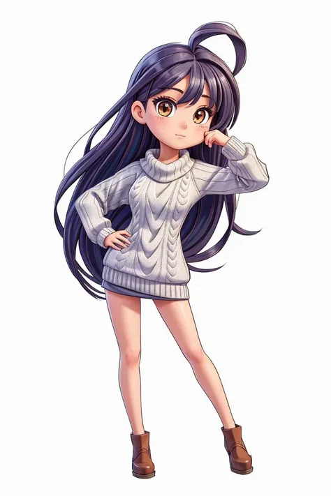best quality, masterpiece, award winning drawing, wide shot ((full body shot)), sketch-like, outline, defined pupils, graphite drawing style, pretty woman with long peaked straight hair, defined medium nose, posing with right hand on her head, left hand not behind back, wearing a sweater, <lora:add_detail:0.6>, colorful, sharpness focus, rainbow hair