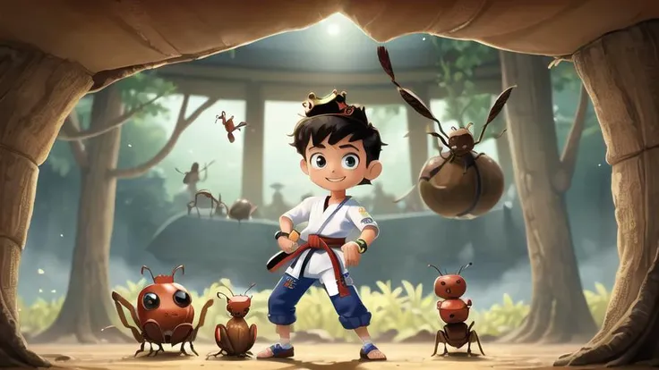 (((a boy is king of the ants on an alien planet cutting hair, karate, barber, ))), ant bestfriend, crown, masterpiece,