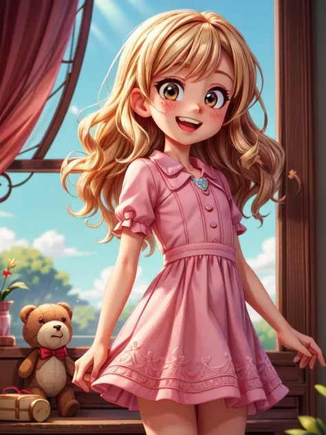 detailed background (A small chest:1.3),(masterpiece, best quality:1.4), (beautiful, aesthetic, perfect, delicate, intricate:1.2),detailed background, sharp focus, professional lighting, dynamic angle, lens flare, 1girl, medium hair, blond wavy hair, pink dress, light summer dress, sky, stuffed bears, grin, naughty, open mouth <lora:more_details:0.5>, <lora:more_details:0.5>, <lyco:GoodHands-beta2:0.8>,