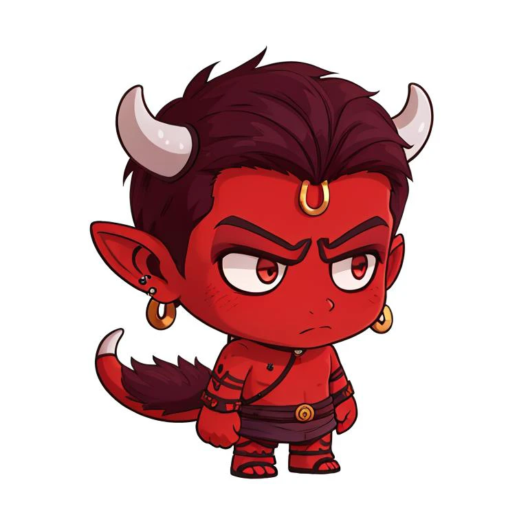oumeiQ, white background, horns, jewelry, 1boy, solo, chibi, earrings, colored skin, male focus, red skin, pointy ears, tail, oni, bald, <lora:game icon institute_oumeiQ_v2:0.8>