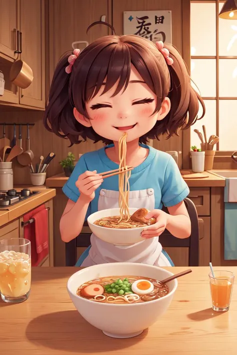 (masterpiece, best quality), 1girl, solo, cute face, kawaii, ramen, chopsticks, drinking glass, eating, heart, happy, closed eyes, closed mouth, <lora:ramen_v1.4:1>, kitchen,