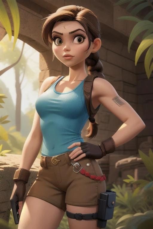 best quality, masterpiece, <lora:more_details:0.3>,, nijistyle lara croft, single braid, blue tank top, brown shorts, fingerless gloves, holster <lora:tombraider_classiclaracroft:0.6> <lyco:GoodHands-beta2:1.0> <lora:sxz-niji-v2:0.5>