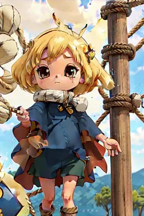 (((incredibly picture-perfect 32k detailed))) (((suika, blonde hair, short hair, brown eyes, scarf, cape, rope, ahoge))) <lora:suika-10:1>