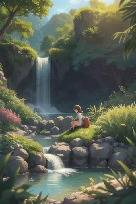 1girl, cute, looking at viewer, sitting on a rock on the side, girl sitting to the side, lake, waterfall, summer, shrubbery, bushes, sunlight, outside, Direct light, Selective focus, ((illustration)), perfect details, light particles, chromatic aberration, masterpiece, best quality, absurdres, highest quality, amazing details, hyper detail, dramatic light, intricate details. waterfall in focus