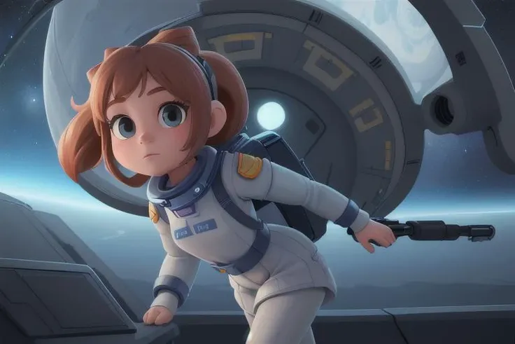 best quality, photo of a girl dressed as a space soldier on the bow of a starship