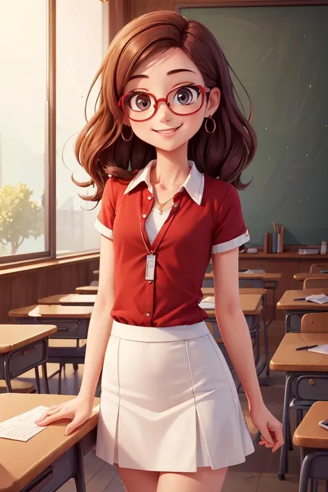 (A small chest:1.3),(masterpiece, best quality:1.4), (beautiful, aesthetic, perfect, delicate, intricate:1.2),((best quality)), ((masterpiece)), (detailed),(high-resolution:1.2), classroom, one adult woman, smiling Claudia chiffre, red shirt, white skirt, glasses, bend over, pov, <lora:more_details:0.5>, <lyco:GoodHands-beta2:0.8>,