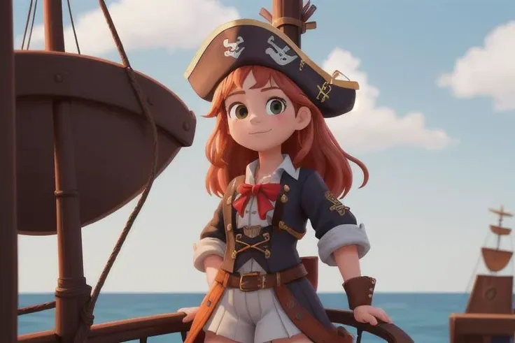 best quality, photo of a girl dressed as a pirate standing on the bow of a pirate ship