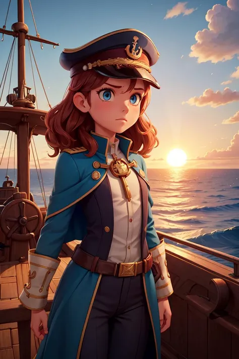 (A small chest:1.3),(masterpiece, best quality:1.4), (beautiful, aesthetic, perfect, delicate, intricate:1.2), 1 girl, adult (elven:0.7) woman,  light blue eyes, copper half-up half-down hairstyle, solo, upper body, looking down, detailed background, ship captain, serious, dark red captain uniform, elegant cloak, captain hat, decorations, dynamic pose, on deck of ship, anchor, waves on the horizon, dawn, dramatic lighting, epic atmosphere,<lyco:GoodHands-beta2:0.7>,<lora:add_detail:0.3>