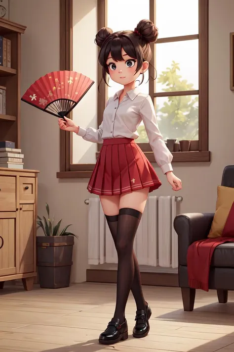 A small chest:1.3),(masterpiece, best quality:1.4), 1girl, hand fan, solo, skirt,  holding folding fan, standing on one leg, holding, hair bun,  red skirt, double bun, standing, long sleeves, full body, black footwear,  shoes,  shirt, thighhighs,  black hair, kneehighs, leg up, pleated skirt, white shirt,  full body <lora:more_details:0.3>, <lyco:GoodHands-beta2:0.8>,