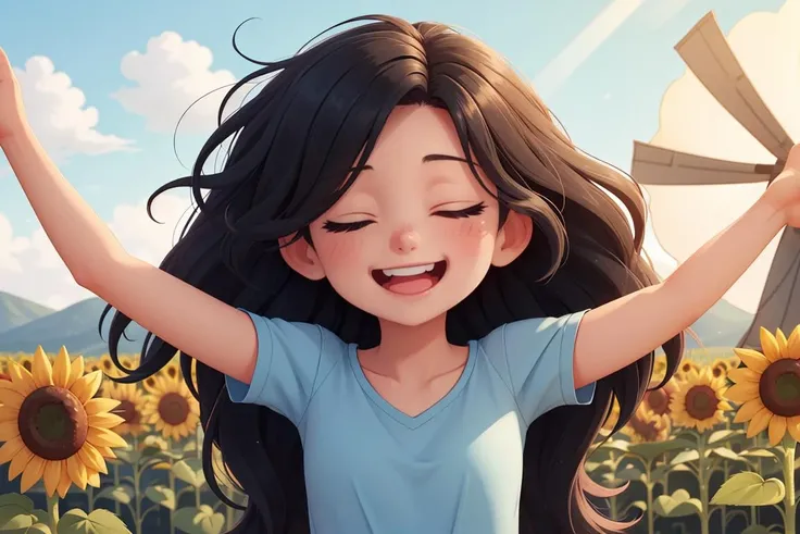 1girl with a very long hair, hair over eyes, black hair, blue eyes, closed eyes, laughing, smile, open arms, windmill, sunflower camp scenery, light colors, dappled sunlight, warm,
