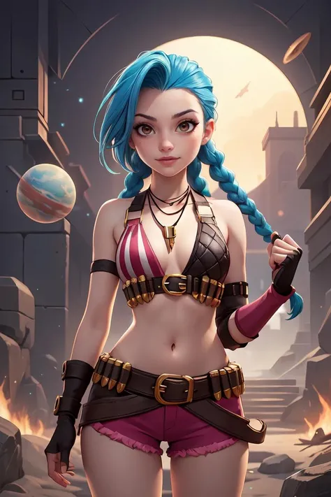 (masterpiece, best quality:1.2),intricate details,<lora:jinx_default_lol:0.8>,jinx \(league of legends\),1girl,twin braids,single elbow glove,short shorts,bikini top only,necklace,belt,bullet,fingerless gloves,<lora:GoodHands-vanilla:1>,<lora:Animated characters:0.3>,barren planets,