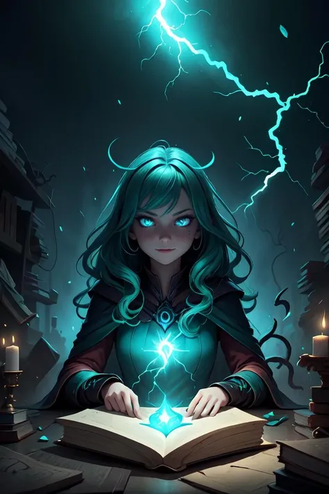 1 girl, adult (elven:0.7) woman, teal eyes, yellow wavy hair, (style-swirlmagic:1.0), looking at viewer, solo, half shot, detailed background, detailed face, (<lora:kVoidEnergy:0.5>, V0id3nergy, void theme:1.1) evil sorcerer, tattered light blue magical robes, (grin:0.8), green color scheme, dark scarlet light, summoning circle, evil book, dark atmosphere, shadows, realistic lighting, floating particles, sparks, surrounded by green lightning <lora:LightingVFX:0.3>, summoning, (thick melting candles:0.8), green arcane symbols, power-hungry eyes,<lora:GoodHands-beta2:1>, <lora:more_details:0.3>