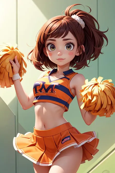 ((best quality)), ((highly detailed)), masterpiece, ((official art)), detailed face, beautiful face, (detailed eyes, deep eyes), (1girl:1.33, solo), Ochako, blush stickers, short hair, brown hair, sidelocks, cheerleader, pom pom (cheerleading), green and orange skirt, midriff, floating above the ground, floating hair,<lora:Ochakodim8:0.8>,chibi ,<lora:more_details:0.3>, <lora:GoodHands-beta2:1>