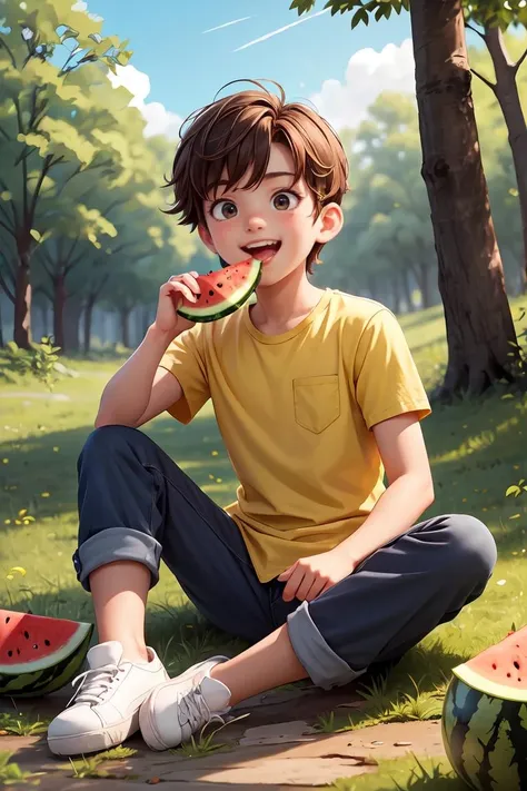 masterpiece,best quality,ruit,1boy,solo,eating,holding watermelon,male focus,brown hair,yellow shirt,pants,holding,open mouth,sitting ground,smile,short sleeves,white footwear,sky,forest,dog,(more Cut Watermelon:1.1),<lora:more_details:0.3>,<lora:GoodHands-vanilla:1>,