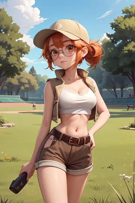 masterpiece,best quality,outdoors,grass,fiodef,1girl,solo,looking at viewer,wariza,arm support,orange hair,hat,baseball cap,crop top,shorts,midriff,vest,navel,belt,short shorts,tank top,cleavage,brown shorts,<lora:Fiolina:0.8>,<lora:GoodHands-beta2:1>, <lora:more_details:0.3>