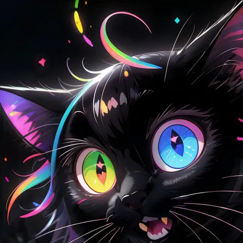 <lora:rainbow-lembont:1.00>, black cat, rainbow eyes, masterpiece, 8k, high resolution, shallow depth of field, sharp focus