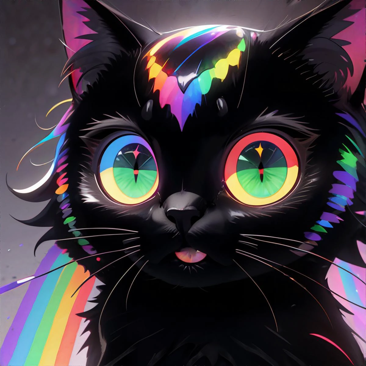 <lora:rainbow-lembont:1.00>, black cat, rainbow eyes, masterpiece, 8k, high resolution, shallow depth of field, sharp focus