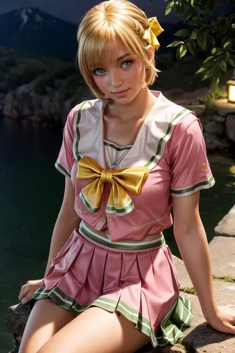 8k, best quality, real picture, intricate details, ultra-detailed, ultra highres, depth field,(photorealistic,realistic:1.2),masterpiece, <lora:add_detail:1>,
0.25 :: close-up , straight-on shot , from above ,
(1girl, cassandra alexandra, <lyco:Cassandra_Alexandra:0.325>, (an extremely beautiful 21-year-old Caucasian girl), (blonde hair), hair bangs, (green eyes), cleavage, shiny skin, flawless skin, fair skin, light blush, solo), looking at viewer,
(short hair, hair band :1.3),
chubby nipples under the clothes, seduction, sweat, nsfw,
(((pnkserafuku:1.2), short sleeve , pleated skirt, bow, yellow bow, <lora:pnkserafuku_sfw_prodigy5_16080801:0.8>):1.3),
(0.15 :: Sitting with one leg folded :1.3),
at night, night illumination ,
Mt. Olympus ,