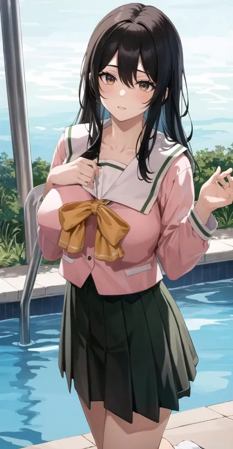 masterpiece, best quality,1girl,solo,kirasaka sayaka,brown hair,long hair,ponytail, hair ribbon, green eyes,,purple thighhighs, wariza, (bikini). Outdoors, cum,cum on face. 