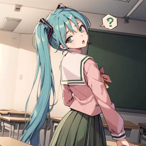 best quality, cowboy shot, pov, indoors, day, classroom, raytracing, official wallpaper,  dutch angle,
<lora:pnkserafuku:1>hatsune miku, (pnkserafuku:1), long sleeves, :o, looking back, looking at viewer,  standing, back, spoken question mark, head tilt, perfect hands, <lyco:envybetterhandsLocon_beta2:1.0>