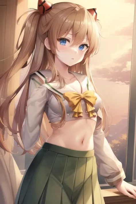 (masterpiece:1.0),(best_quality:1.0), ultra high res,4K,ultra-detailed, cowboy shot, <lora:AsukaLangleySouryuuV2:1> souryuu asuka langley, <lora:pnkserafuku:1> pnkserafuku, long sleeves, pleated skirt, bow, yellow bow,navel,
