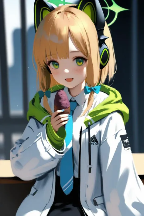 wlop,(masterpiece),(best quality),1girl, (masterpiece),(best quality),1girl,midori \(blue archive\),blue archive,aiamu iamu,holding food,holding,hooded jacket,food,sidelocks,:d,collared shirt,blurry,long sleeves,puffy sleeves,headphones,blue bow,hand up,necktie, halo,looking at viewer,jacket,sleeves past wrists,blush,nail polish,blue necktie,animal ear headphones,blurry background,blonde hair,shirt,green eyes,hood down,open clothes,depth of field,hood,smile,white jacket,fake animal ears,bow,puffy long sleeves,open jacket,solo,dress shirt,animal ears,white shirt,blue nails,hair bow,long hair,drawstring,sweet potato,