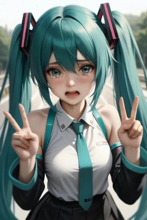 realistic,crying, tearing up, tears, blush, (masterpiece,best quality),double v, looking at viewer, upper body, cinematic angle, depth of field, outdoors,1girl, hatsune miku, twintails, necktie, solo, skirt, shirt, aqua hair, black skirt, aqua eyes, detached sleeves, long hair, sleeveless, white shirt, open mouth, white background, aqua necktie, black sleeves, sleeveless shirt,